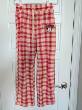 Disney Women Plaid Pajama Pants in Cream and Red with Minnie Patch